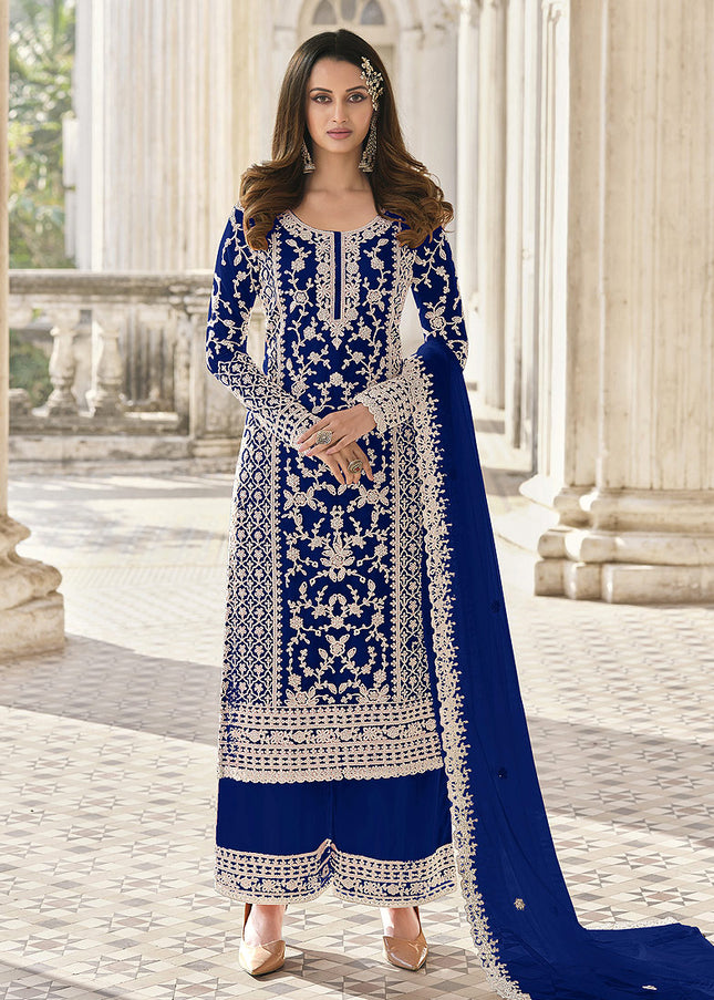 Blue Embroidered Pant Style Suit
