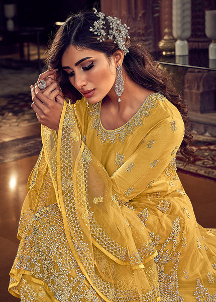 Yellow Embroidered High Low Suit