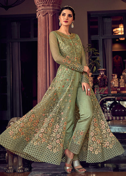 Green and Gold Embroidered Lehenga/ Pant Sytle Anarkali