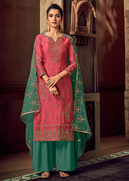 Pink and Green Embroidered Palazzo Suit