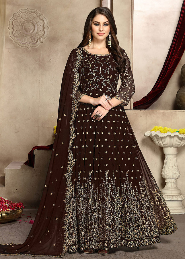 Brown and Gold Embroidered Anarkali