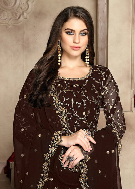 Brown and Gold Embroidered Anarkali
