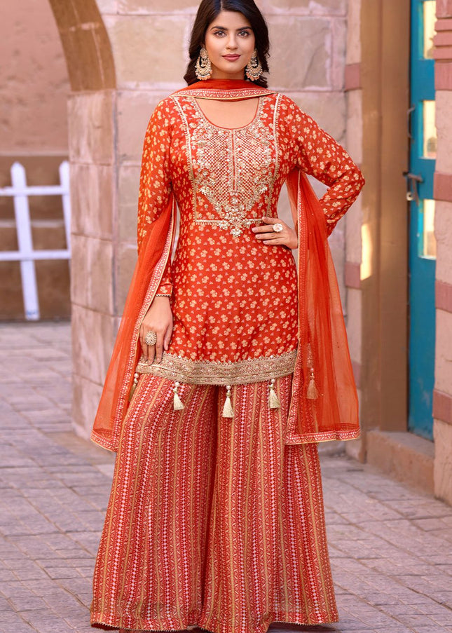 Orange Embroidered Sharara Suit