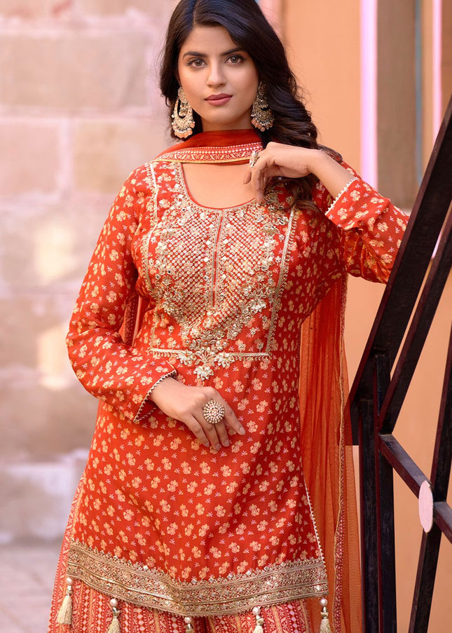 Orange Embroidered Sharara Suit