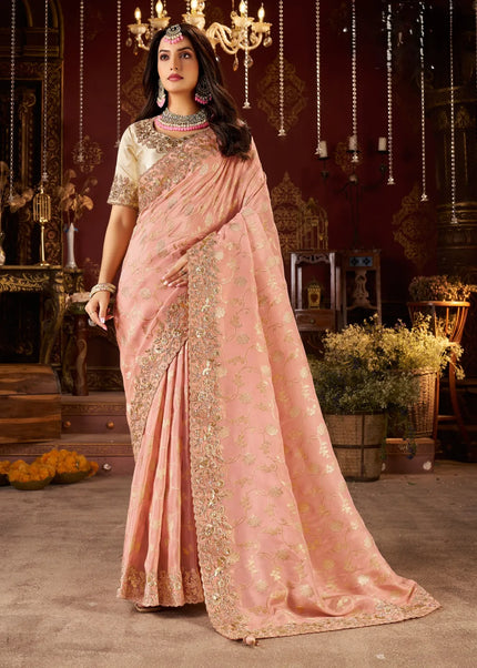 Cream and Peach Embroidered Wedding Saree