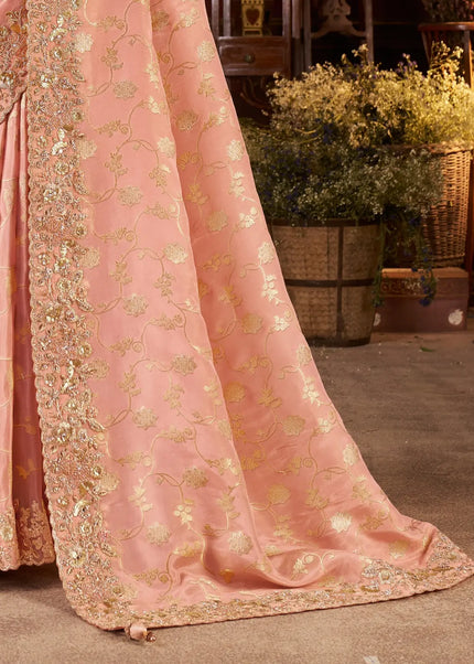 Cream and Peach Embroidered Wedding Saree