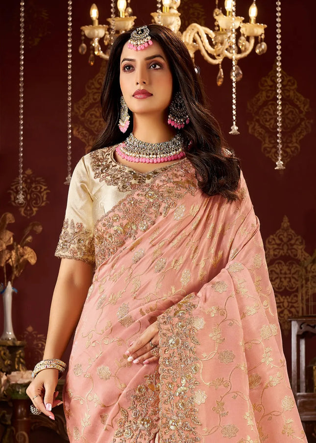 Cream and Peach Embroidered Wedding Saree