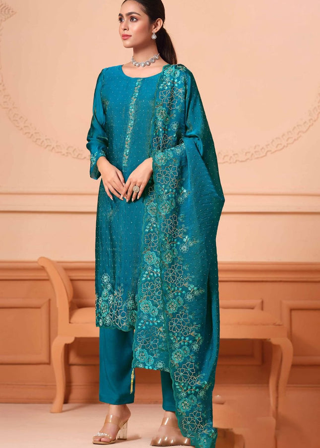 Teal Embroidered Pant Suit
