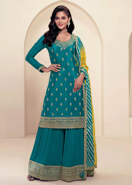 Teal Embroidered Sharara Suit