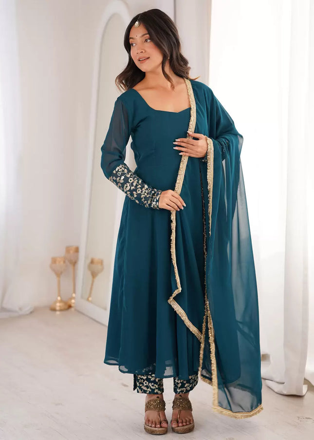 Teal Embroidered Anarkali Suit