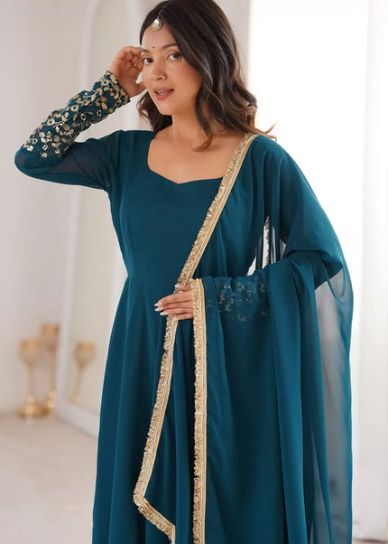 Teal Embroidered Anarkali Suit