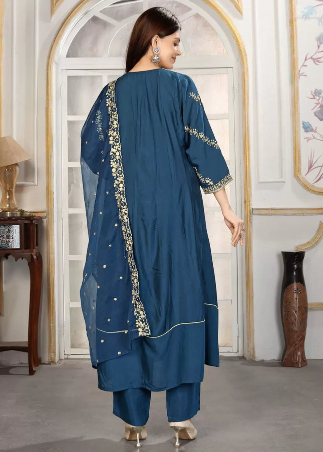 Teal Embroidered Pant Style Suit