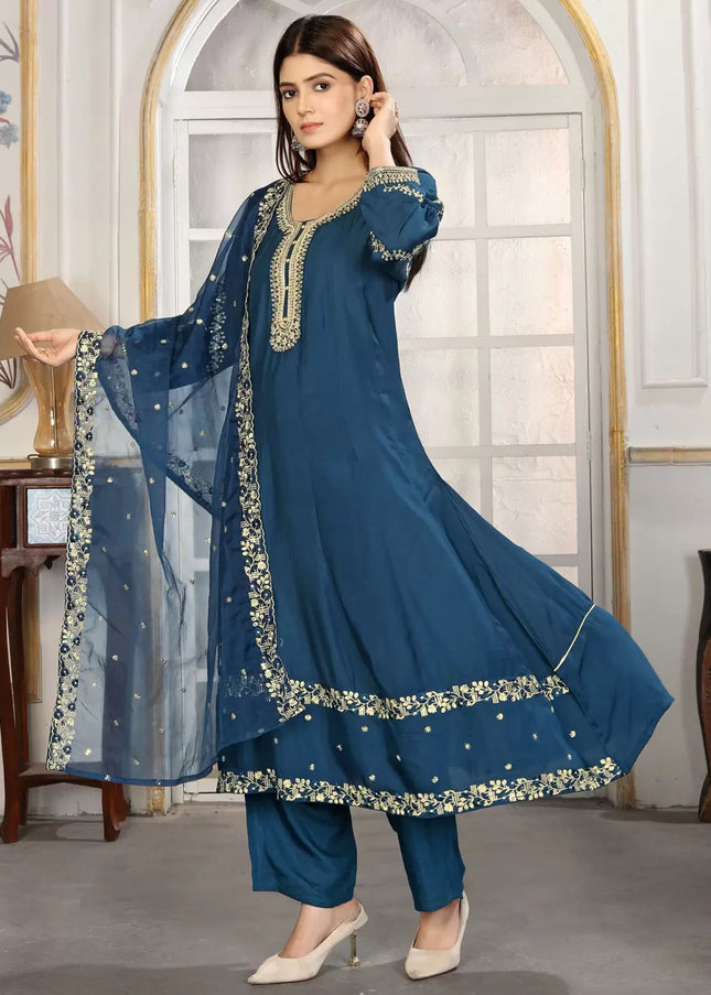 Teal Embroidered Pant Style Suit