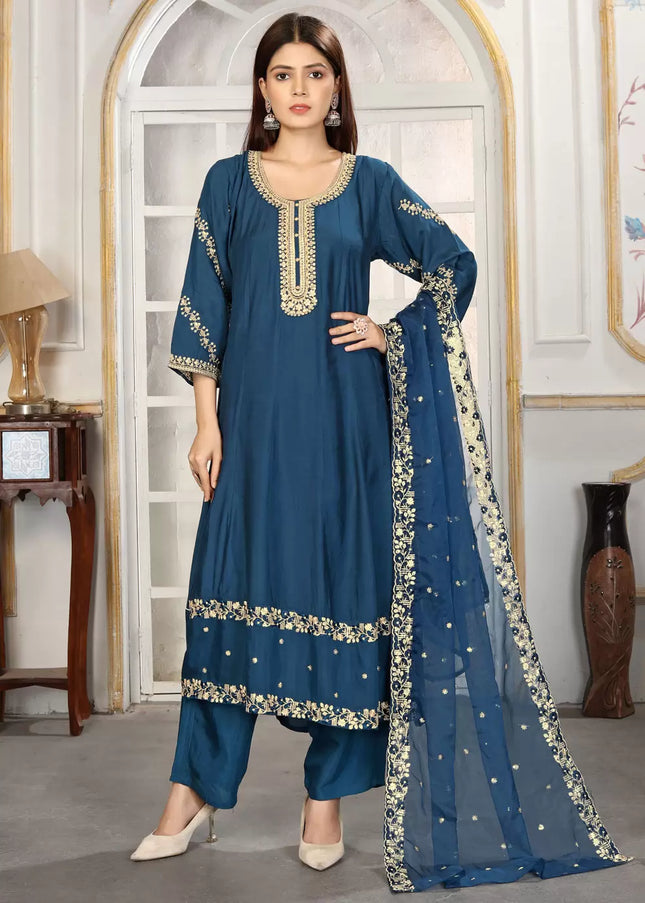 Teal Embroidered Pant Style Suit