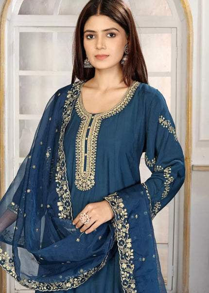 Teal Embroidered Pant Style Suit