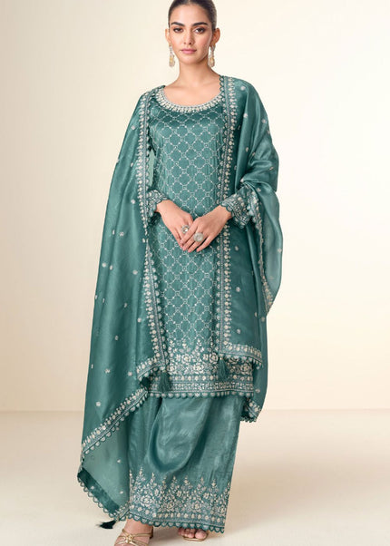 Teal Grey Embroidered Sharara Suit