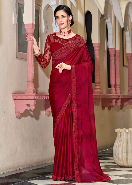 Red and Pink Shaded Embroidered Saree