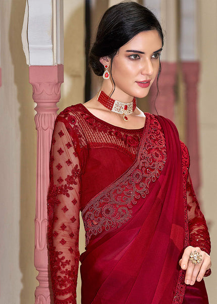 Red and Pink Shaded Embroidered Saree