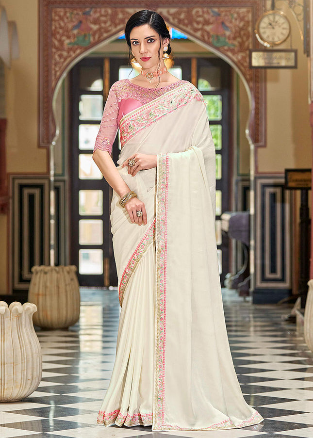 White and Pink Embroidered Saree