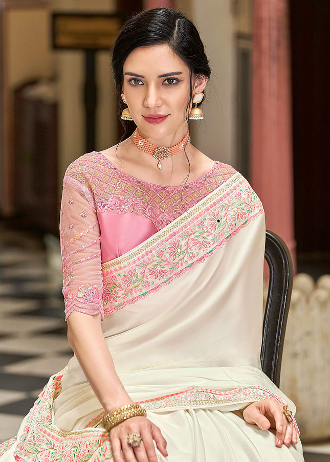 White and Pink Embroidered Saree