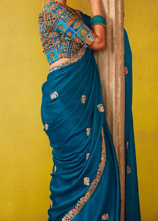 Blue Embroidered Festive Saree