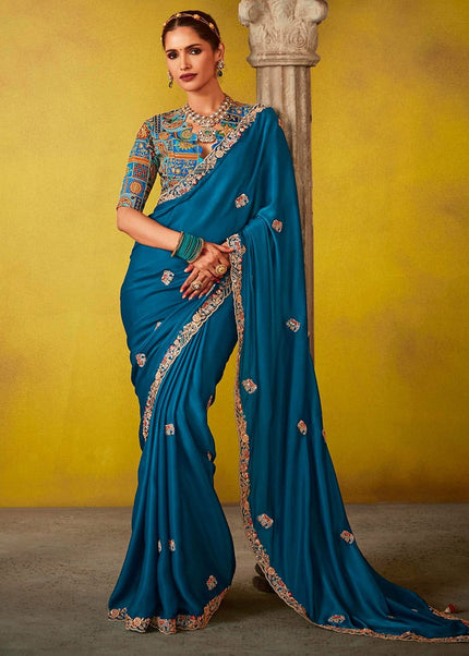 Blue Embroidered Festive Saree