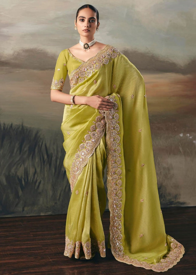 Green Embroidered Festive Saree