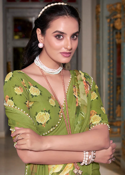 Green Floral Printed Saree
