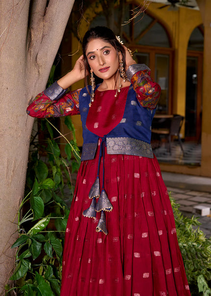 Maroon and Blue Printed and Embroidered Jacket Style Anarkali Gown