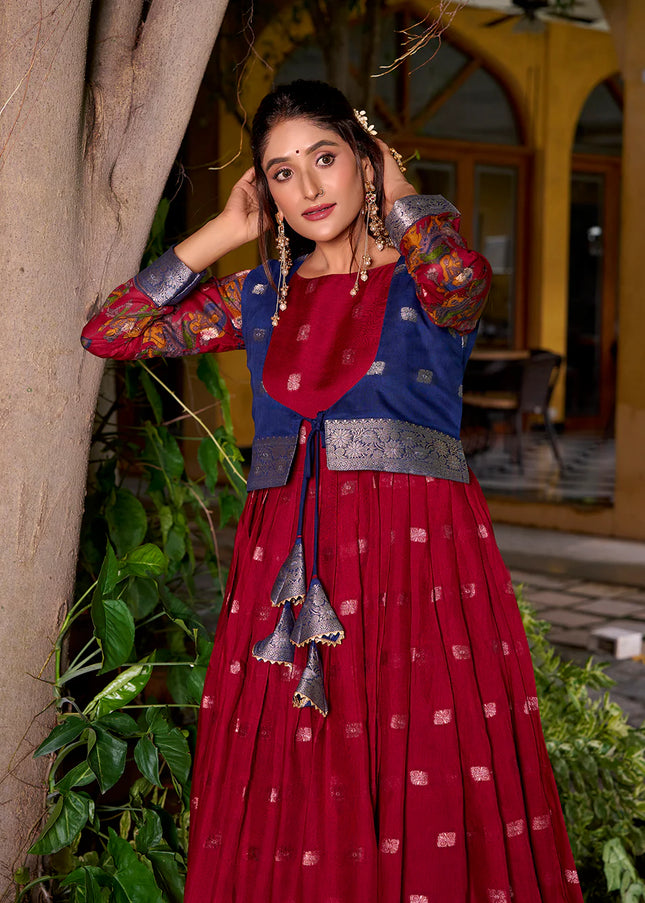 Maroon and Blue Printed and Embroidered Jacket Style Anarkali Gown