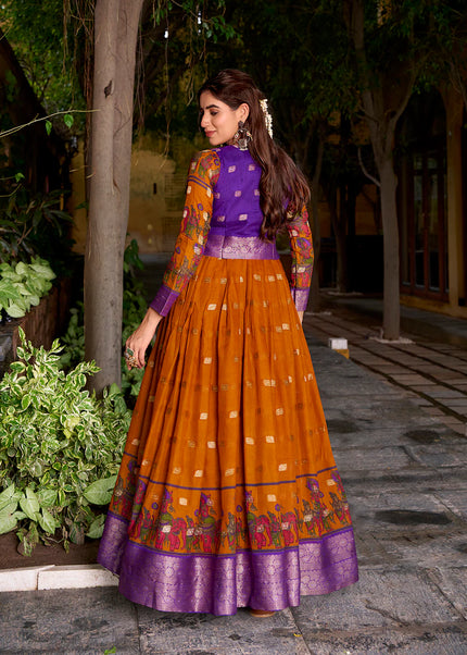 Mustard Yellow and Blue Printed and Embroidered Jacket Style Anarkali Gown