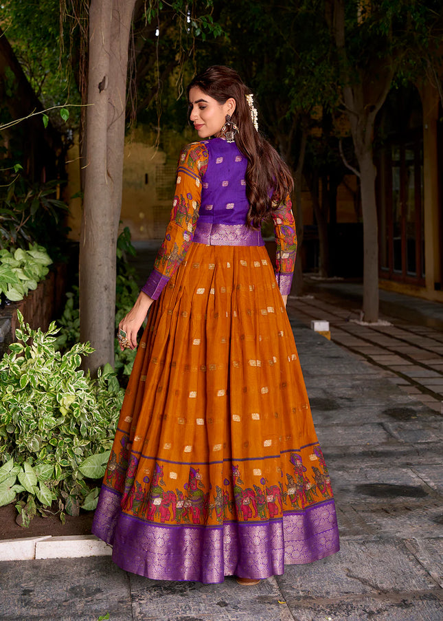 Mustard Yellow and Blue Printed and Embroidered Jacket Style Anarkali Gown