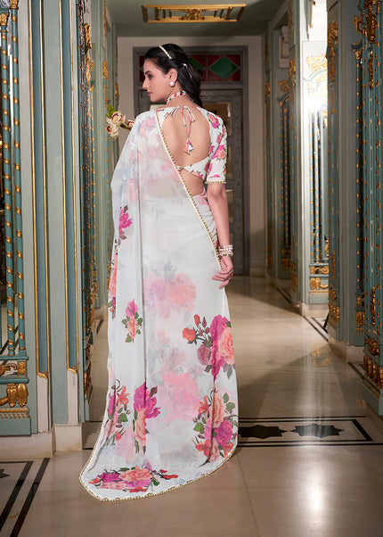 White Floral Printed Saree