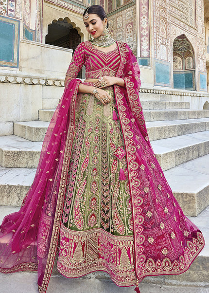 Green and Pink Heavy Embroidered Bridal Lehenga