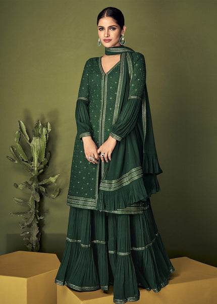 Green and Gold Embroidered Gharara Suit