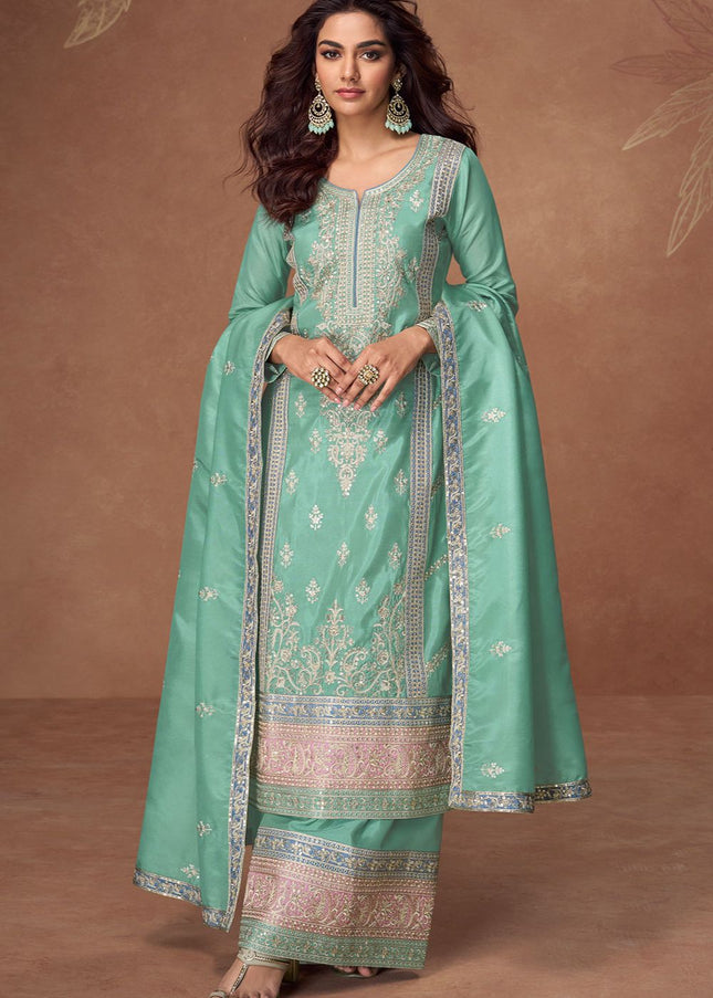 Sea Green Embroidered Sharara Suit