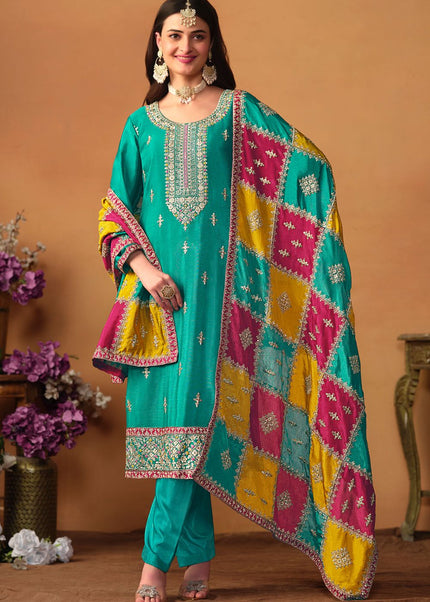 Turquoise Multi Embroidered Pant Suit