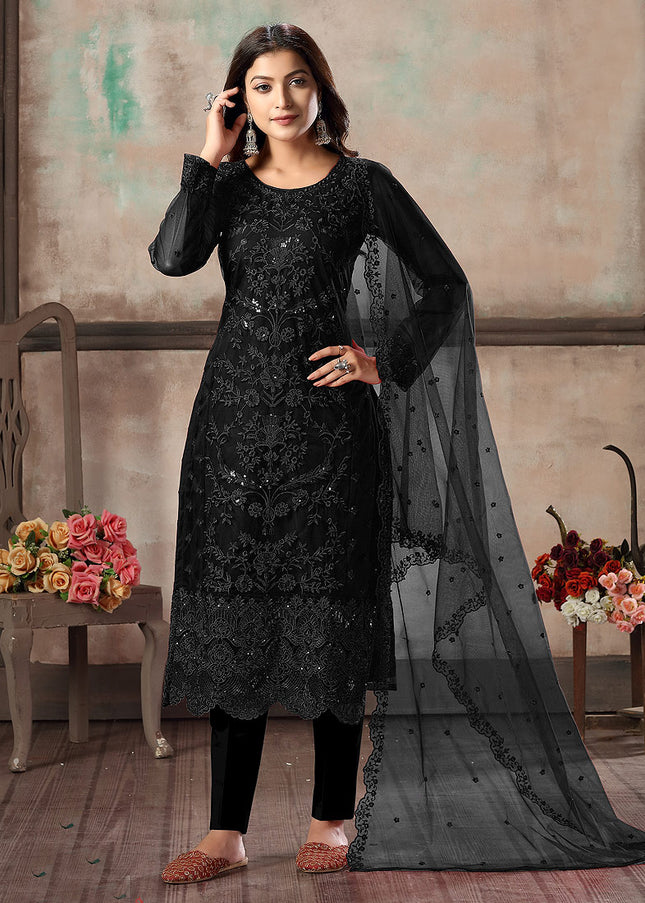 Black Embroidered Straight Pant Suit