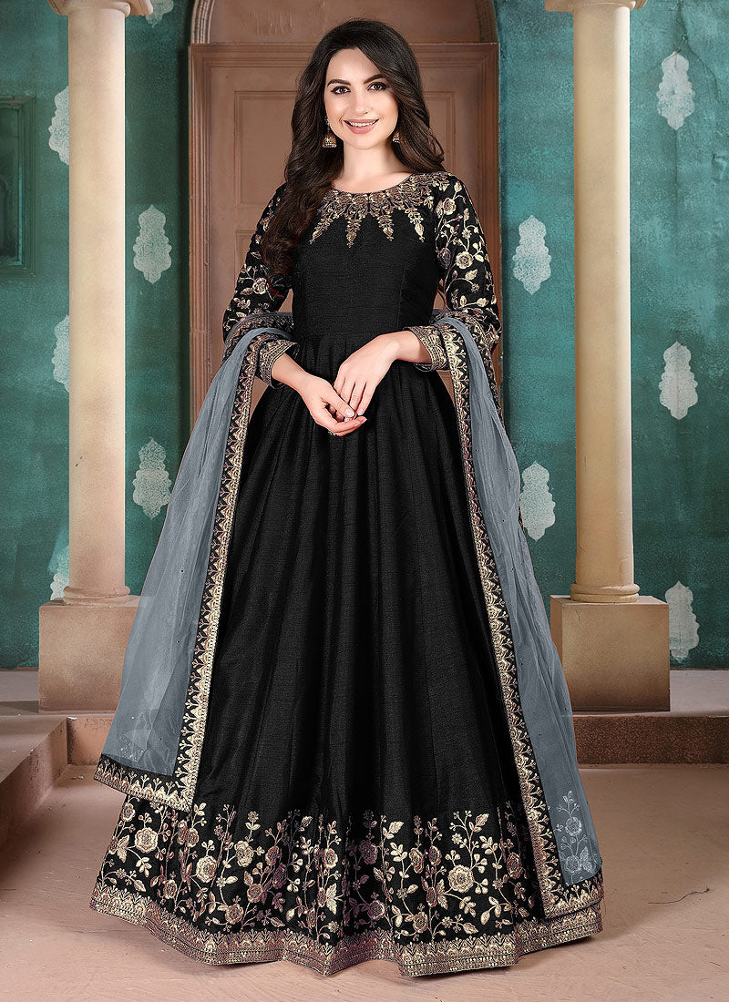 Black Satin Indian Gown and Black Satin Designer Gown Online Shopping