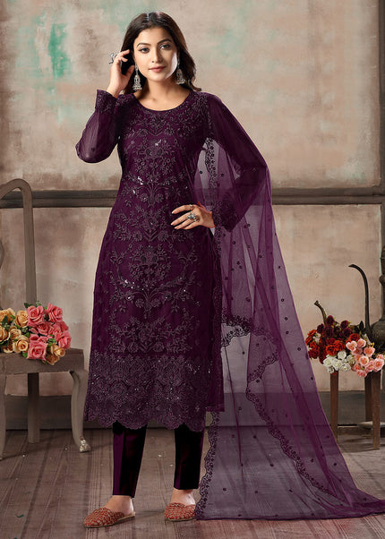 Purple Embroidered Straight Pant Suit