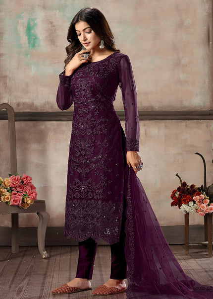 Purple Embroidered Straight Pant Suit