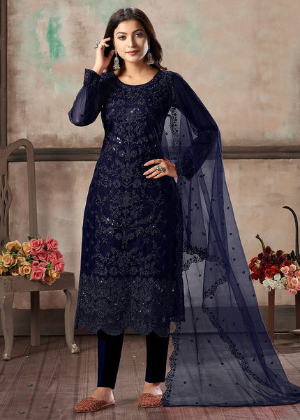 Blue Embroidered Straight Pant Suit