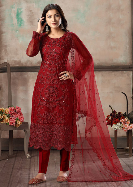 Red Embroidered Straight Pant Suit