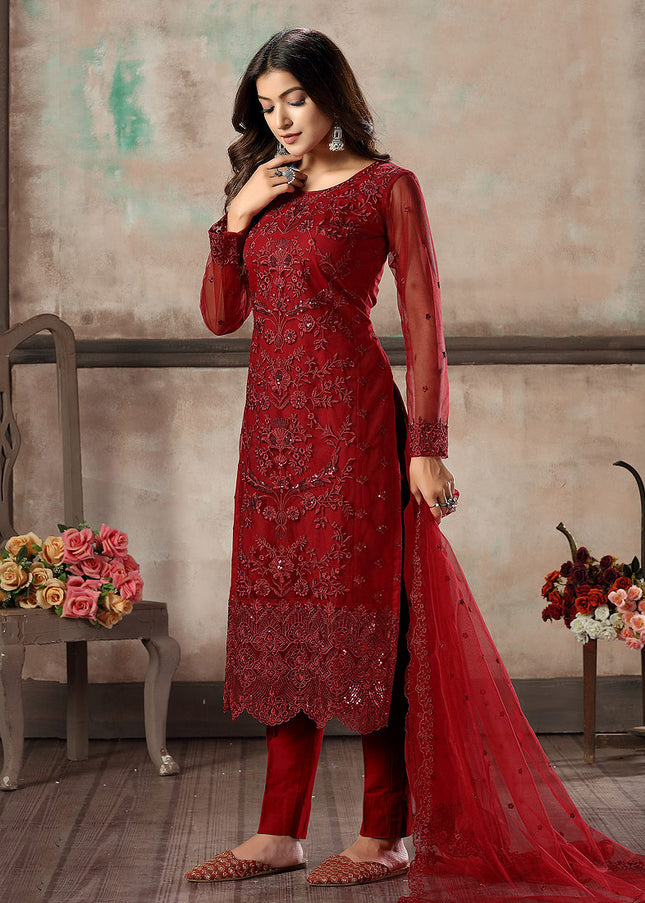 Red Embroidered Straight Pant Suit