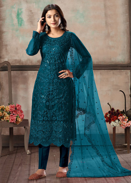 Teal Blue Embroidered Straight Pant Suit