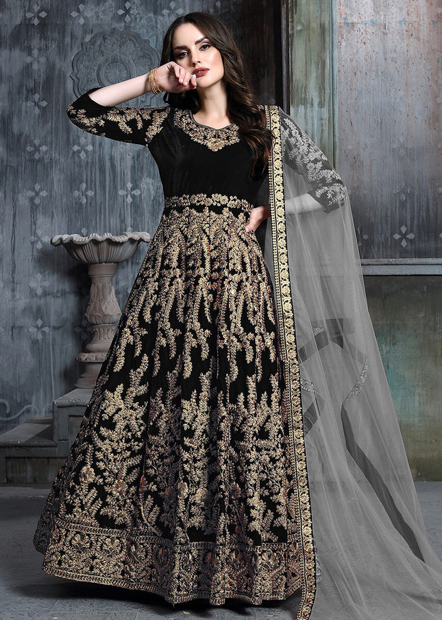 Black and Gold Embroidered Velvet Anarkali FALAKENOOR Black and Gold Embroidered Velvet Anarkali FALAKENOOR