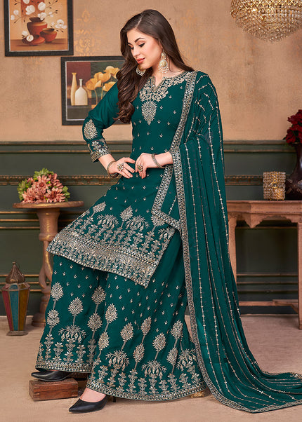 Teal and Gold Embroidered Palazzo Suit