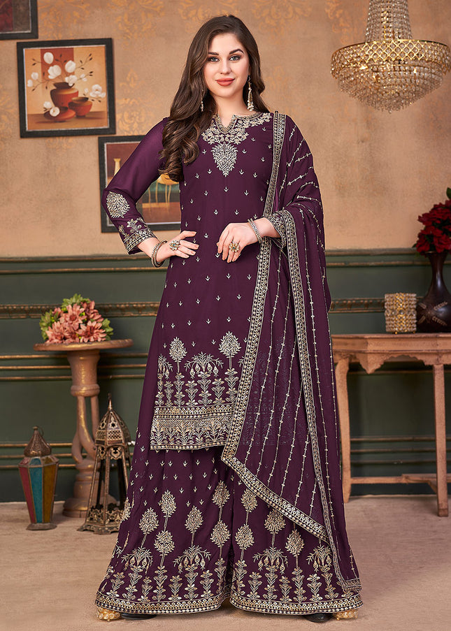 Purple and Gold Embroidered Palazzo Suit