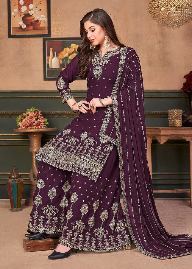 Purple and Gold Embroidered Palazzo Suit