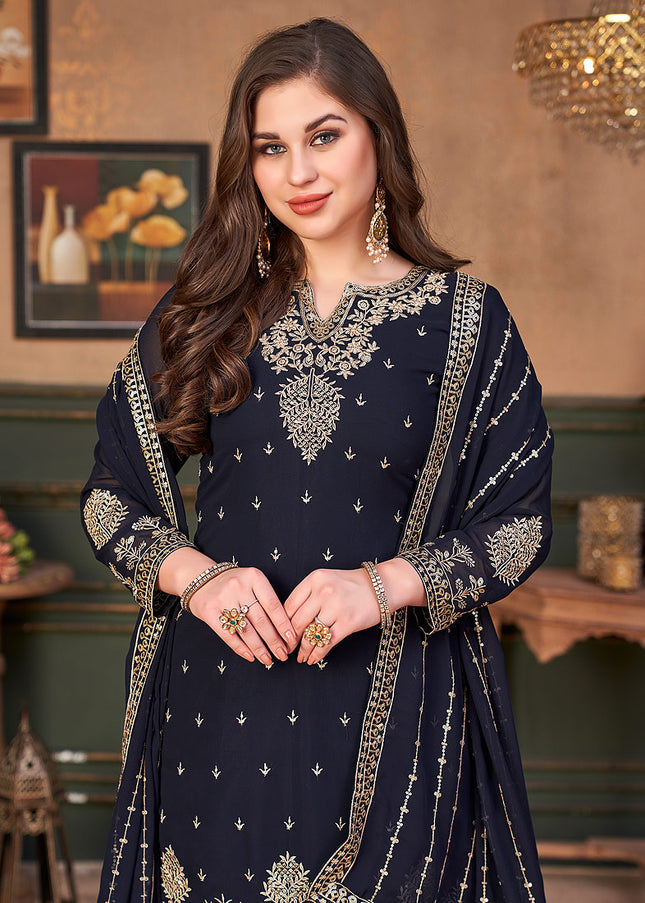 Black and Gold Embroidered Palazzo Suit